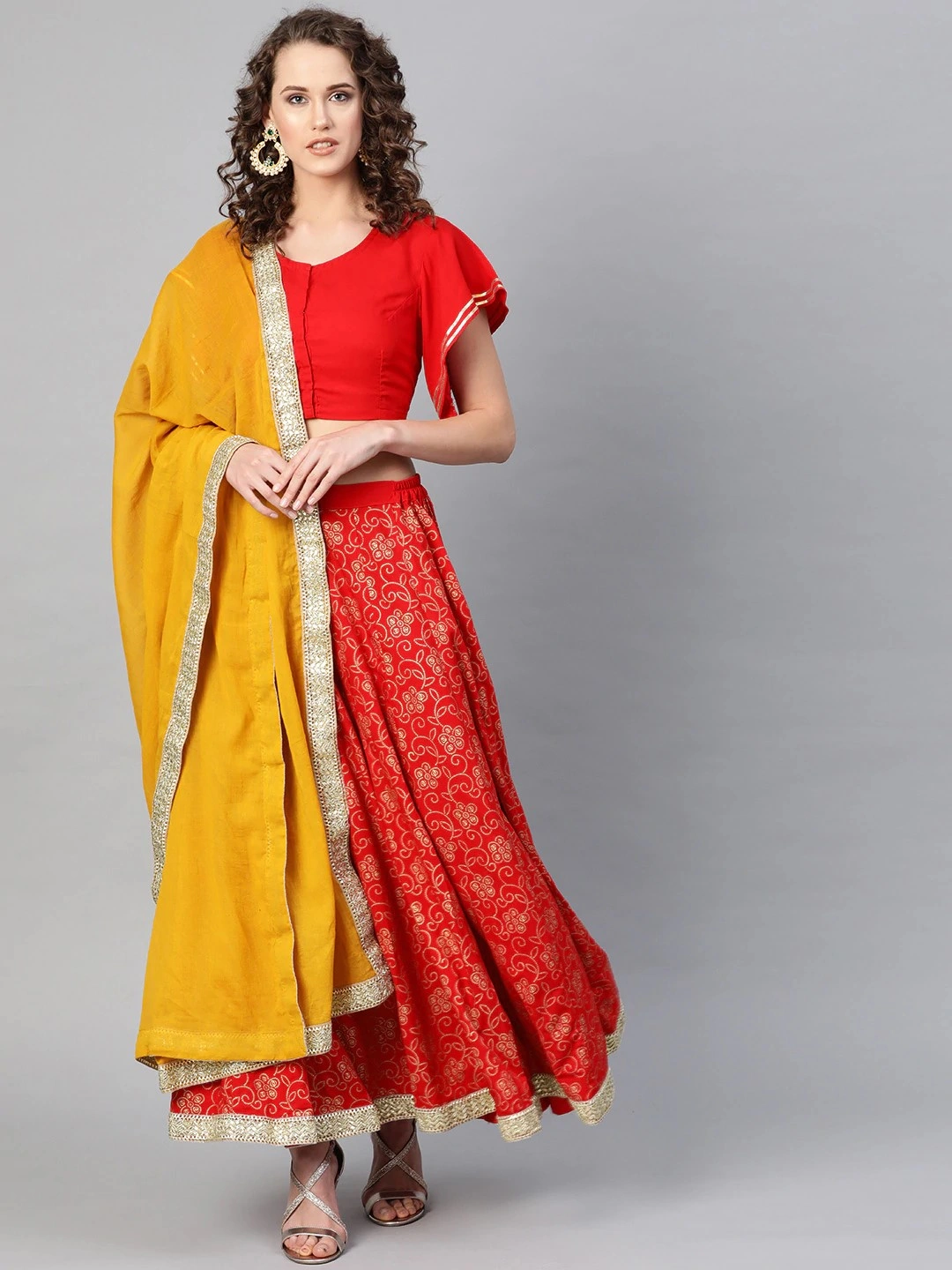 Bhama Couture Red &amp; Yellow Foil Print Lehenga Choli With Dupatta-LHC005_L