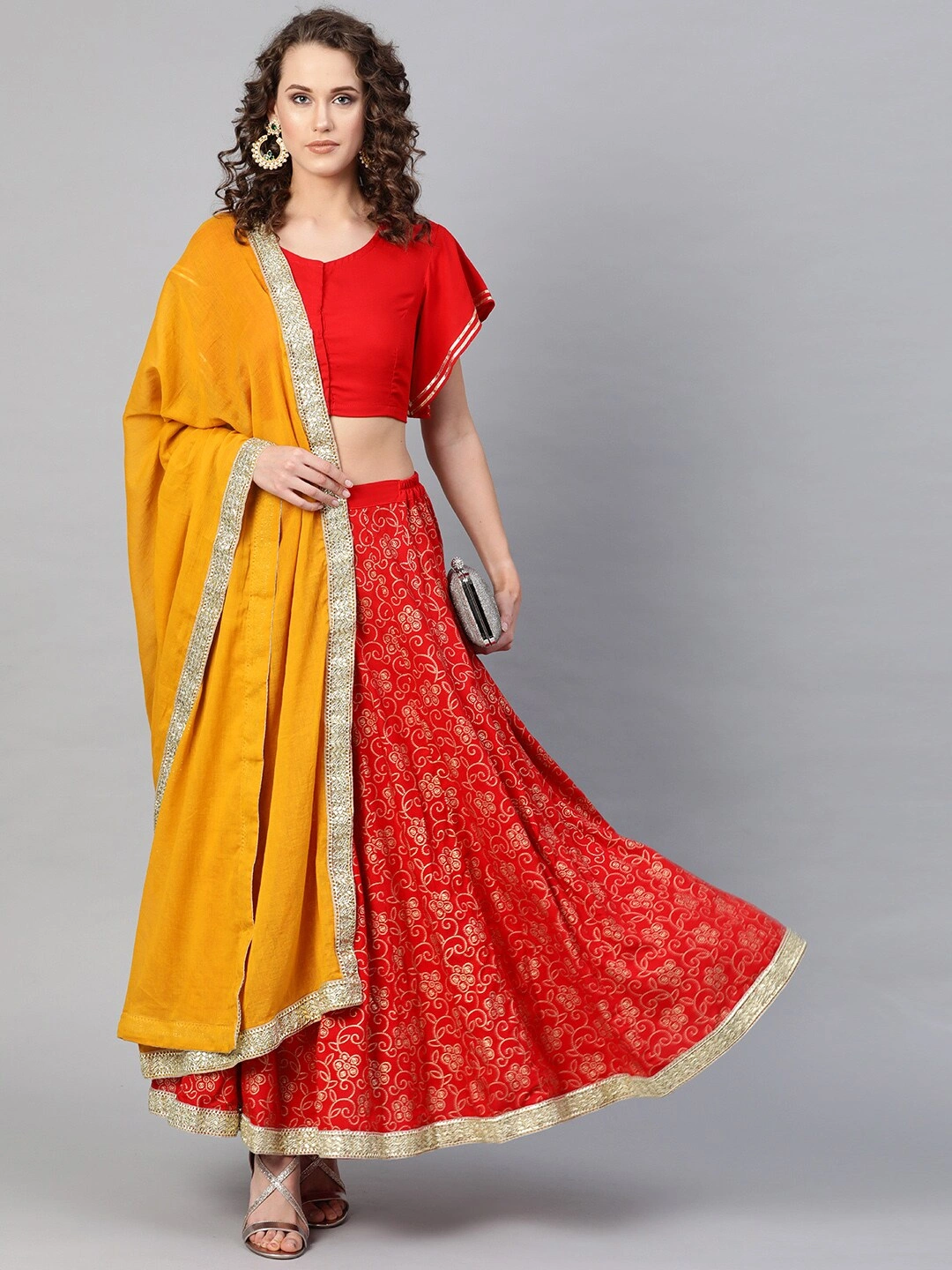 Bhama Couture Red &amp; Yellow Foil Print Lehenga Choli With Dupatta-L-3