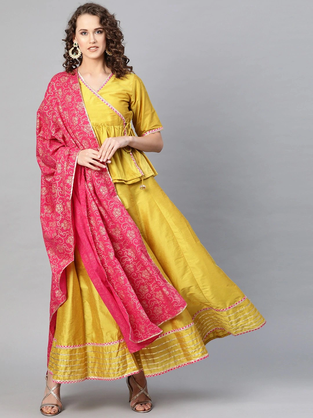 Bhama Couture Mustard Yellow &amp; Pink Solid Lehanga Choli With Dupatta-LHC007_L