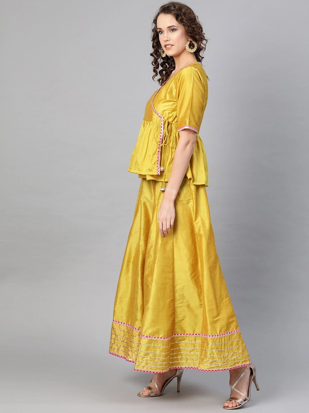 Bhama Couture Mustard Yellow &amp; Pink Solid Lehanga Choli With Dupatta-L-1