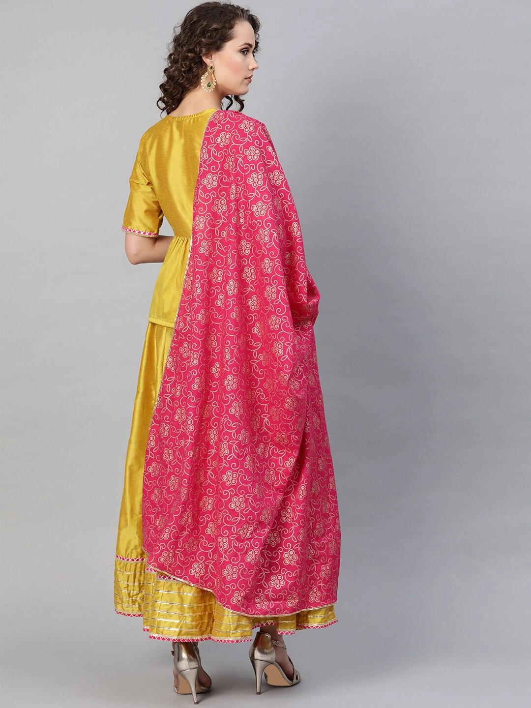 Bhama Couture Mustard Yellow &amp; Pink Solid Lehanga Choli With Dupatta-L-2