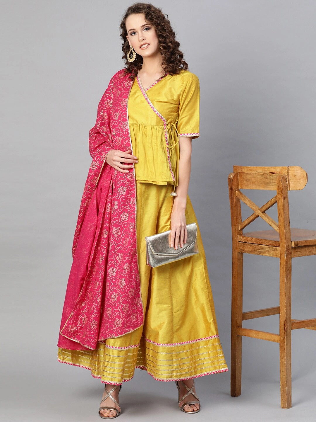 Bhama Couture Mustard Yellow &amp; Pink Solid Lehanga Choli With Dupatta-L-3