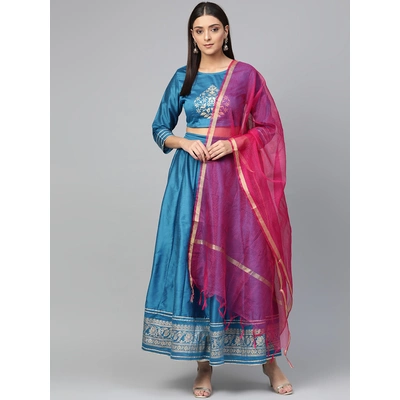 Bhama Couture Blue & Pink Khari Print Ready to Wear Lehenga Choli with Dupatta