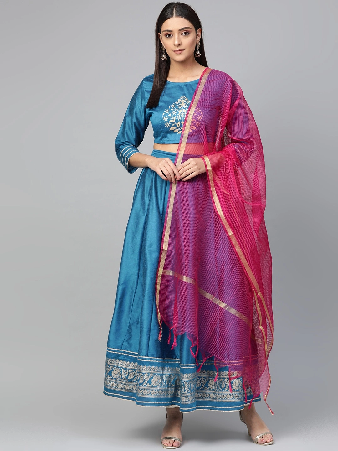 Bhama Couture Blue &amp; Pink Khari Print Ready to Wear Lehenga Choli with Dupatta-LHC008_M