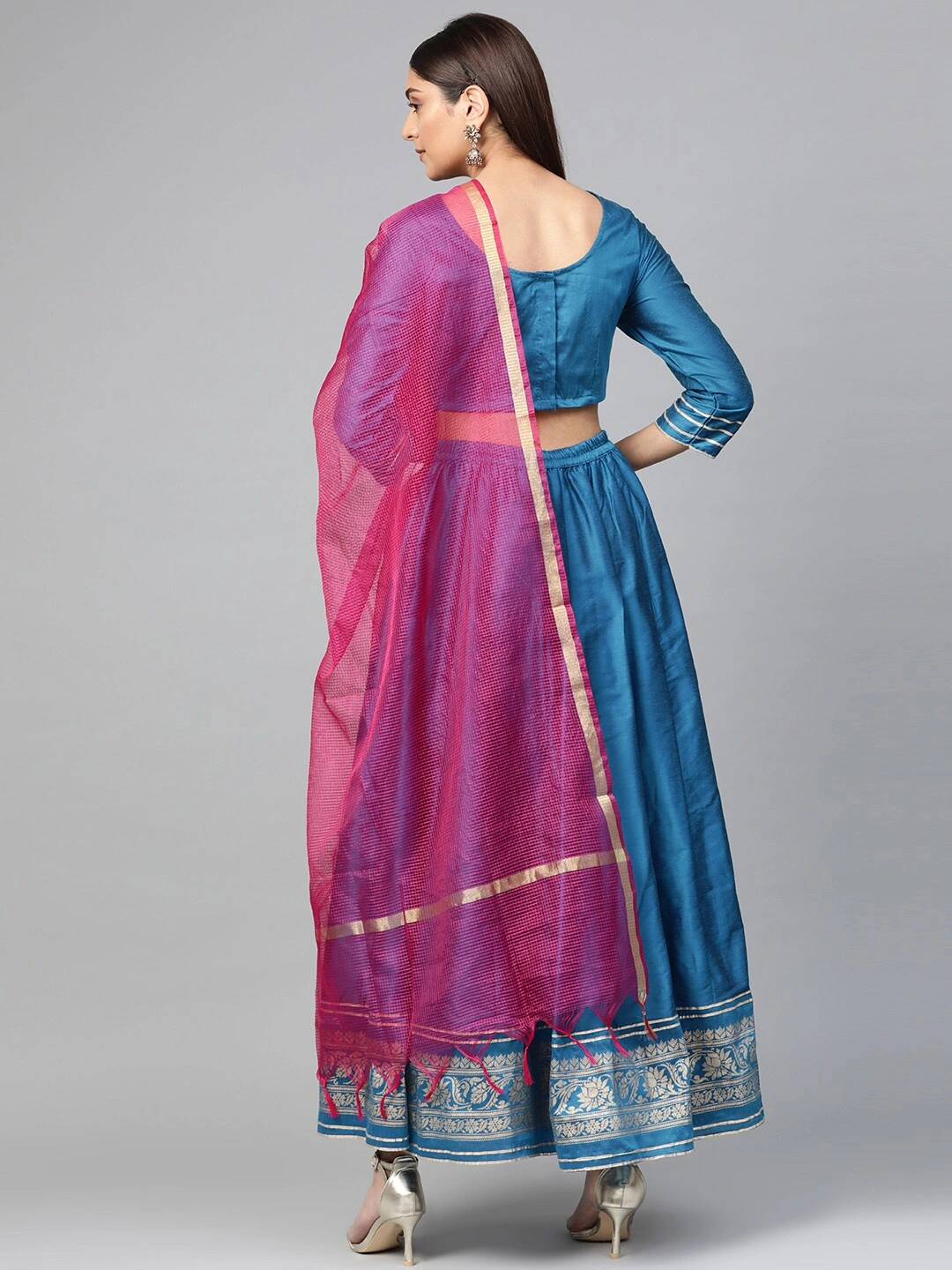 Bhama Couture Blue &amp; Pink Khari Print Ready to Wear Lehenga Choli with Dupatta-M-2