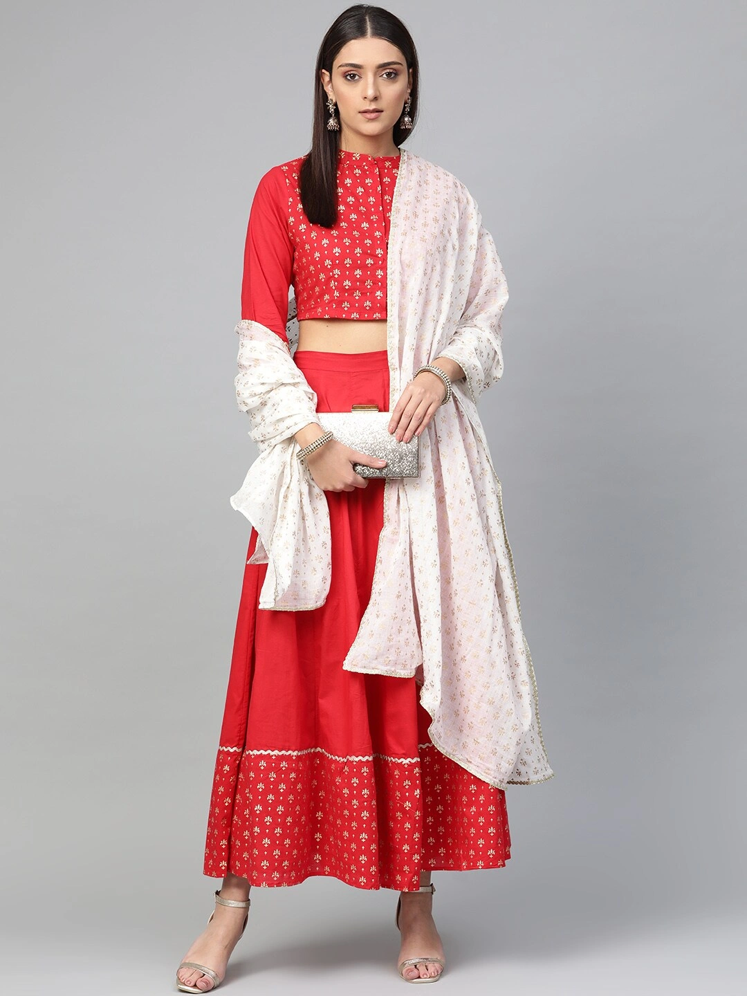 Bhama Couture Red &amp; White Khari Print Ready to Wear Lehenga Choli with Dupatta-LHC009_S