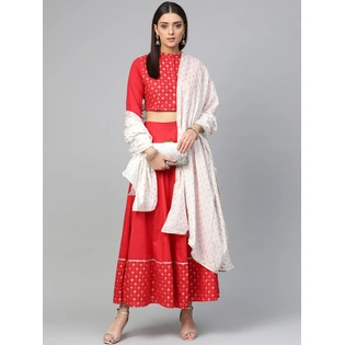 Bhama Couture Red & White Khari Print Ready to Wear Lehenga Choli with Dupatta
