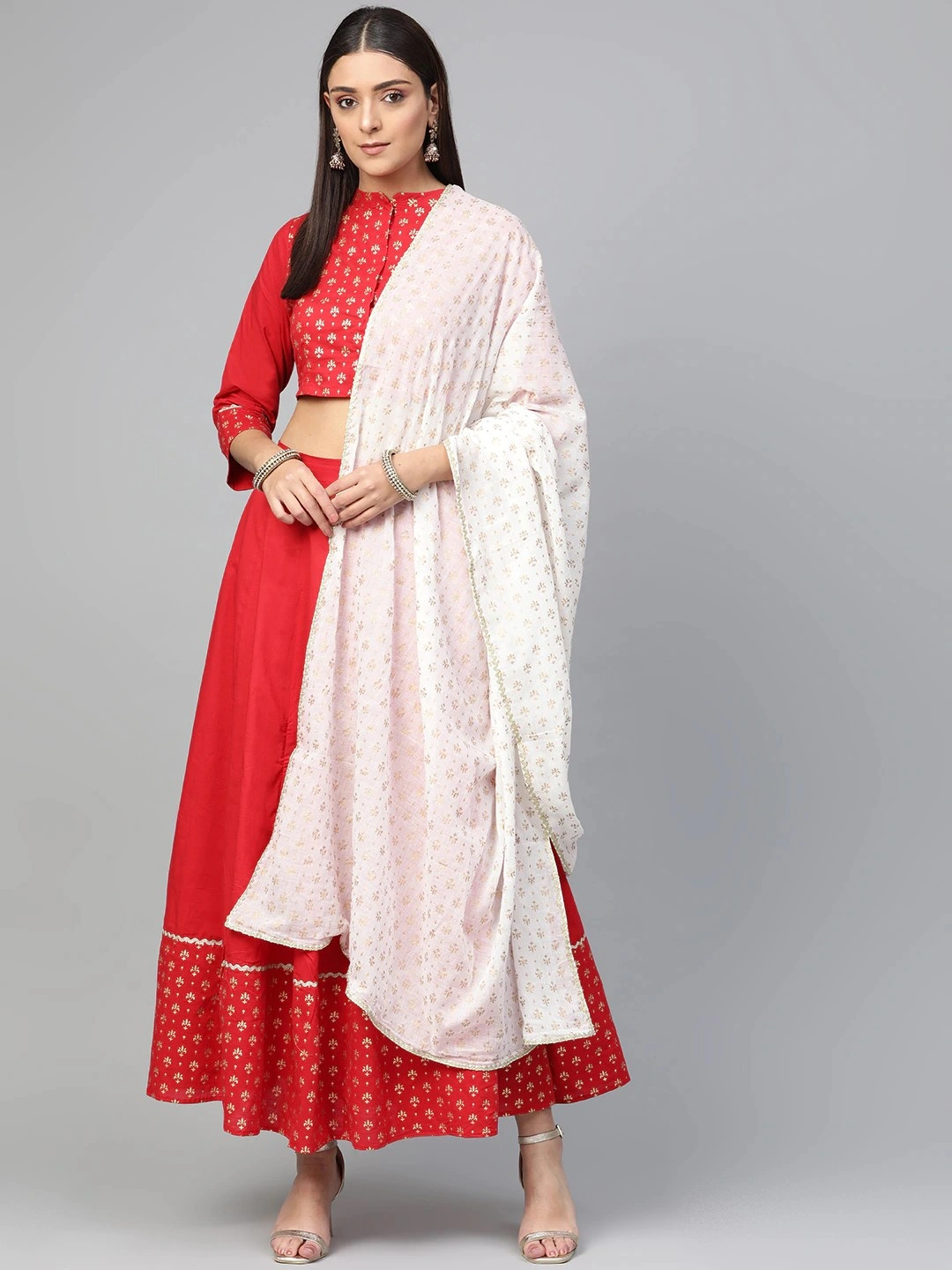 Bhama Couture Red &amp; White Khari Print Ready to Wear Lehenga Choli with Dupatta-XL-1