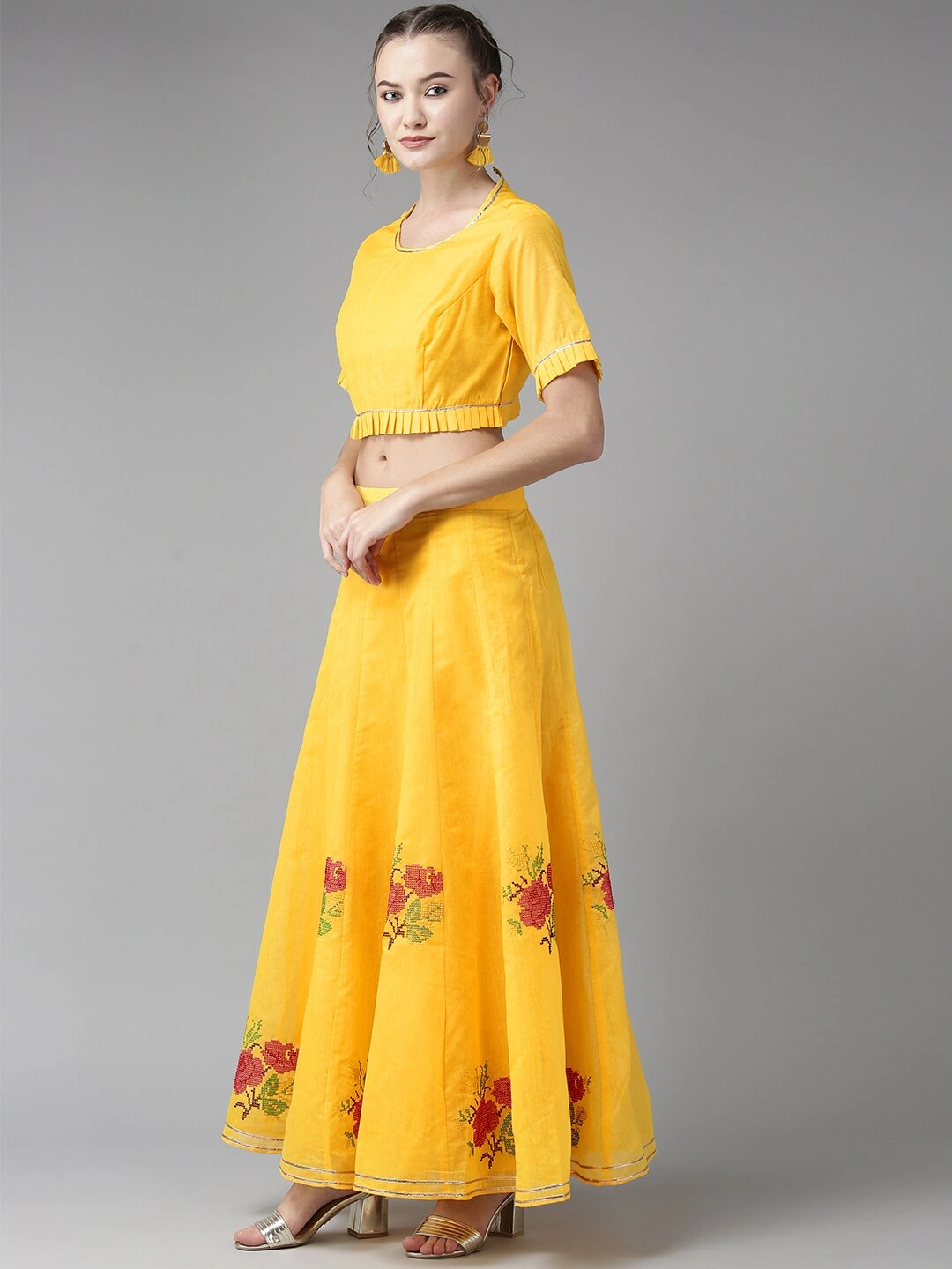 Bhama Couture Yellow &amp; Pink Ready to Wear Embroidered Lehenga Choli with Dupatta-M-1