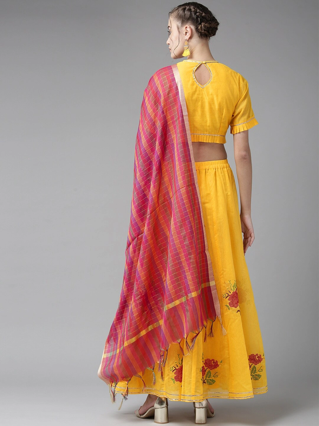 Bhama Couture Yellow &amp; Pink Ready to Wear Embroidered Lehenga Choli with Dupatta-XL-2