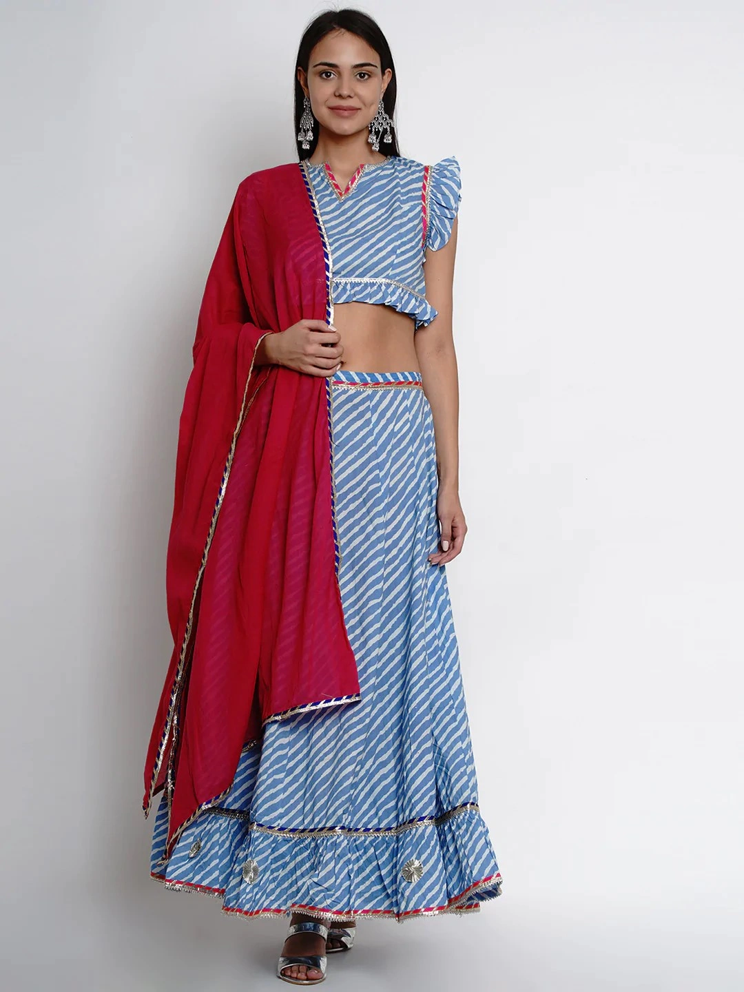 Bhama Couture Blue &amp; Red Printed Ready to Wear Lehenga &amp; Blouse with Dupatta-LHC025_L