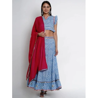 Bhama Couture Blue & Red Printed Ready to Wear Lehenga & Blouse with Dupatta