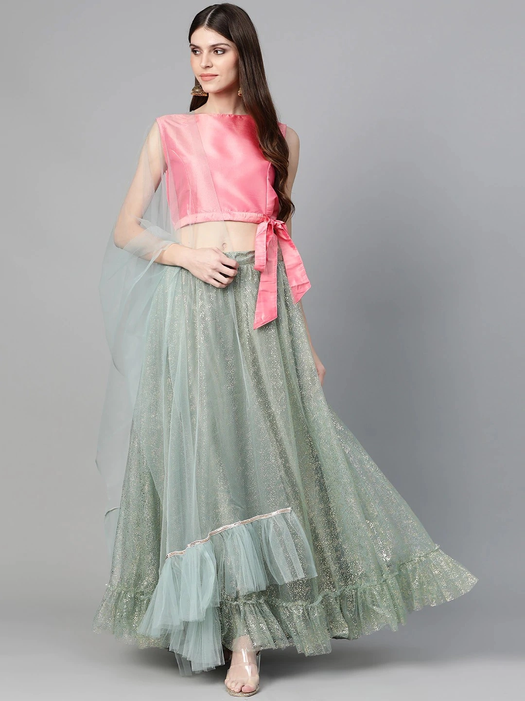 Bhama Couture Sea Green &amp; Pink Printed Ready to Wear Lehenga &amp; Solid Blouse with Dupatta-LHC026_L