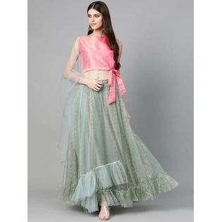 Bhama Couture Sea Green & Pink Printed Ready to Wear Lehenga & Solid Blouse with Dupatta