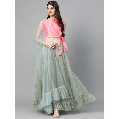 Bhama Couture Sea Green & Pink Printed Ready to Wear Lehenga & Solid Blouse with Dupatta