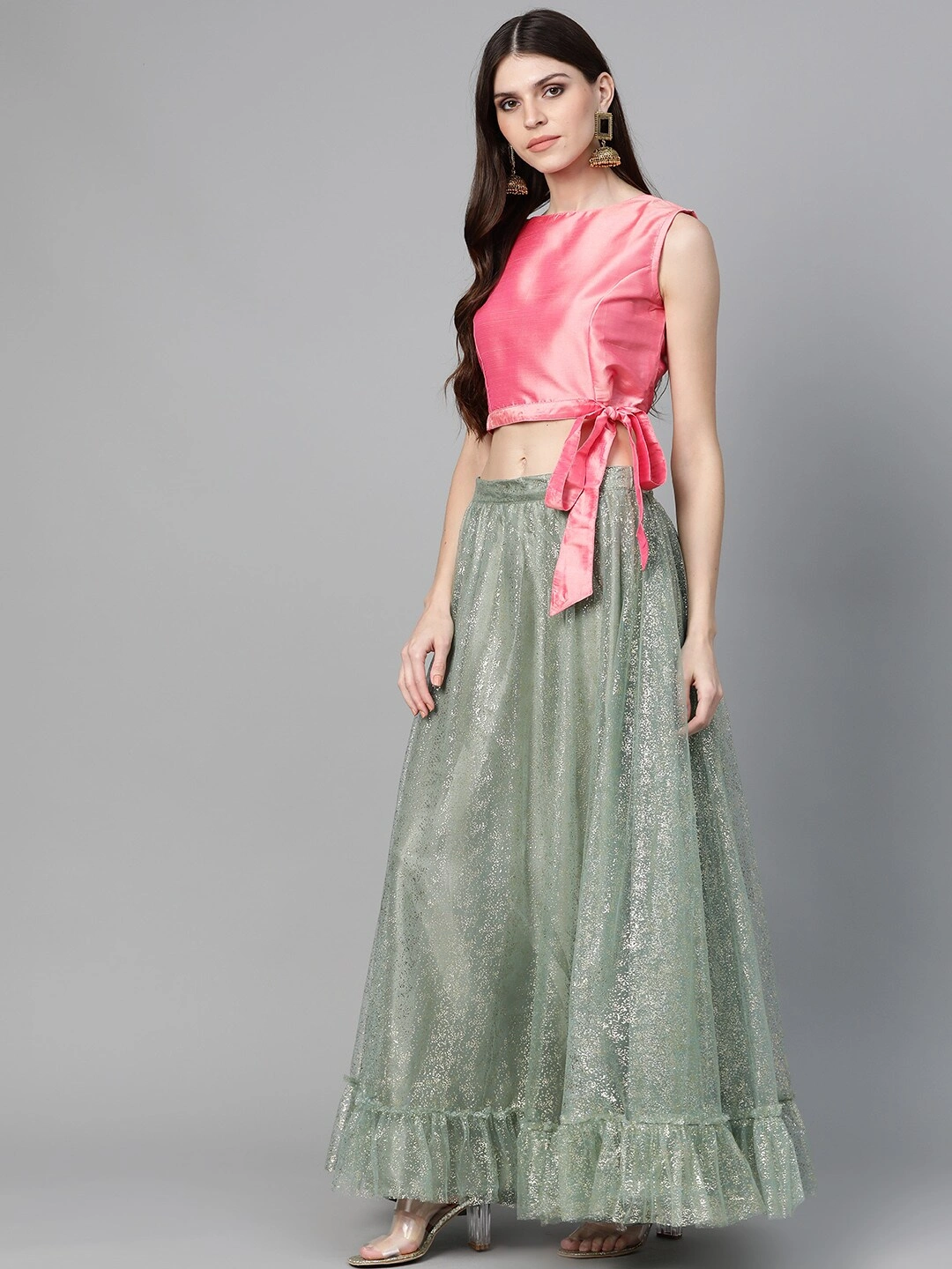 Bhama Couture Sea Green &amp; Pink Printed Ready to Wear Lehenga &amp; Solid Blouse with Dupatta-M-1