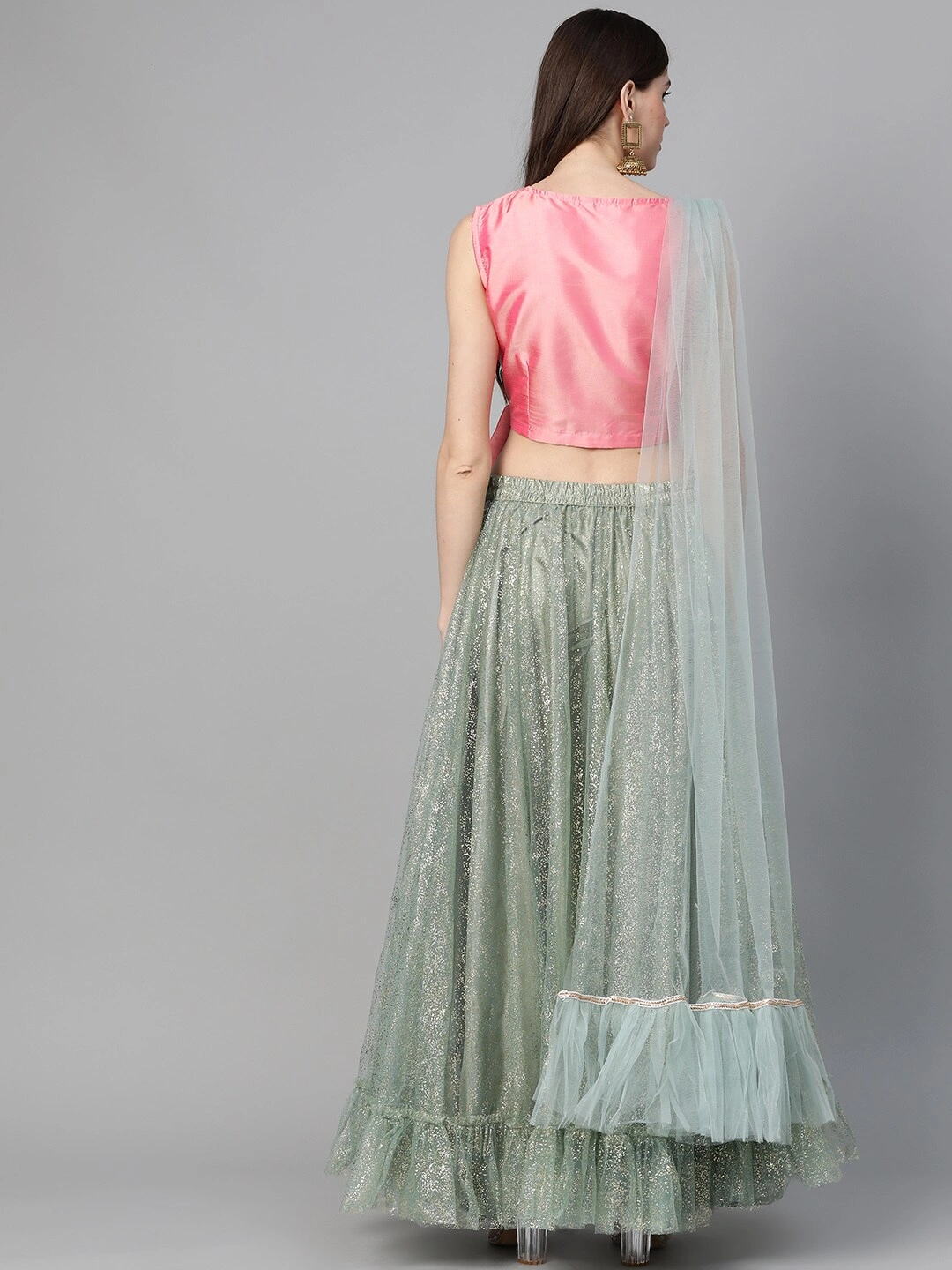 Bhama Couture Sea Green &amp; Pink Printed Ready to Wear Lehenga &amp; Solid Blouse with Dupatta-XL-2