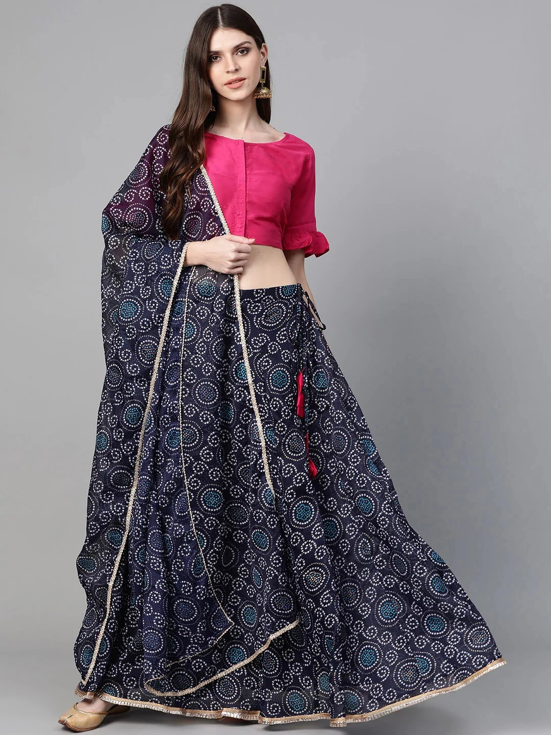 Bhama Couture Navy Blue &amp; Pink Bandhani Print Ready to Wear Lehenga with Blouse &amp; Dupatta-LHC027_L