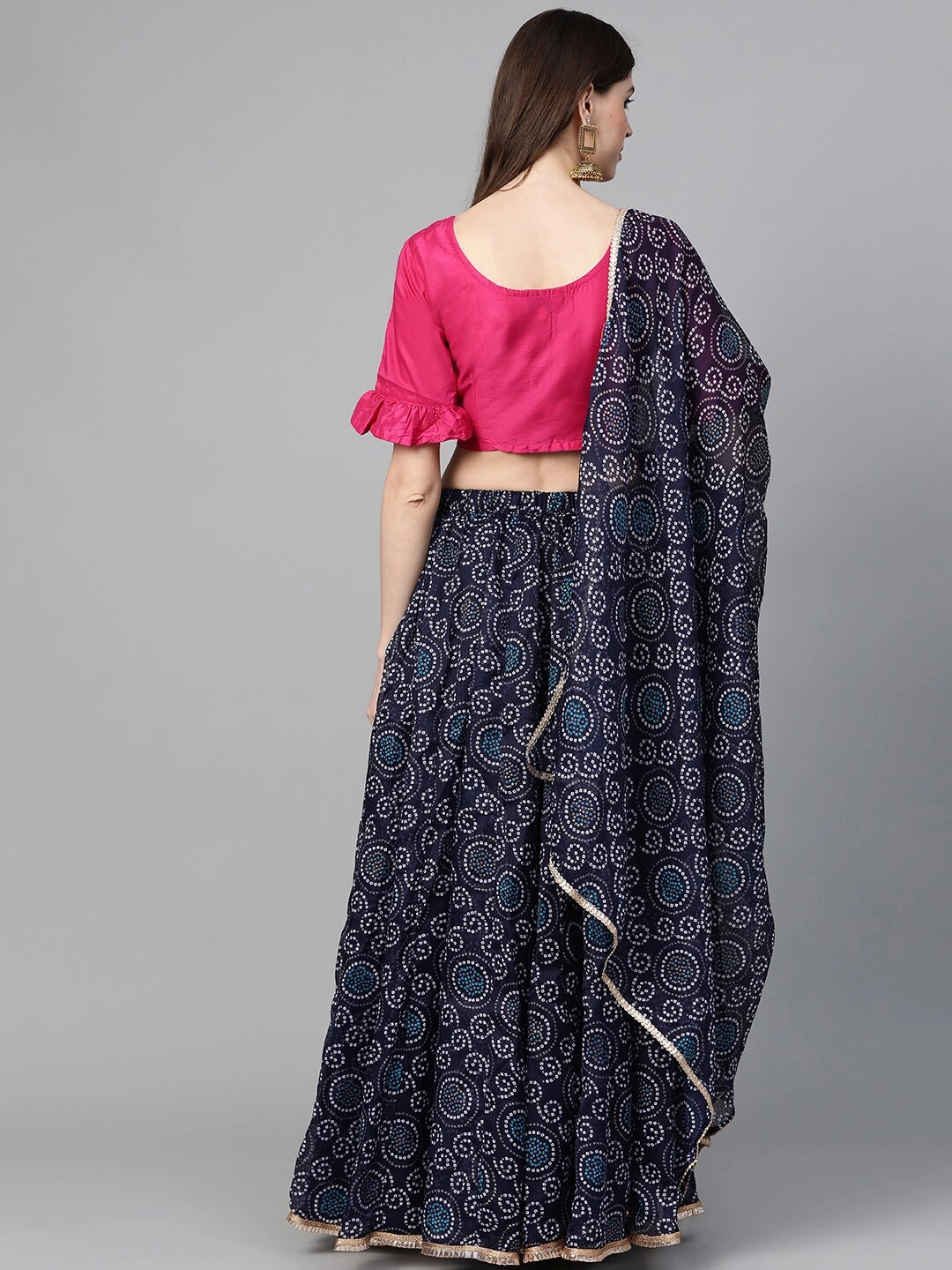 Bhama Couture Navy Blue &amp; Pink Bandhani Print Ready to Wear Lehenga with Blouse &amp; Dupatta-L-2