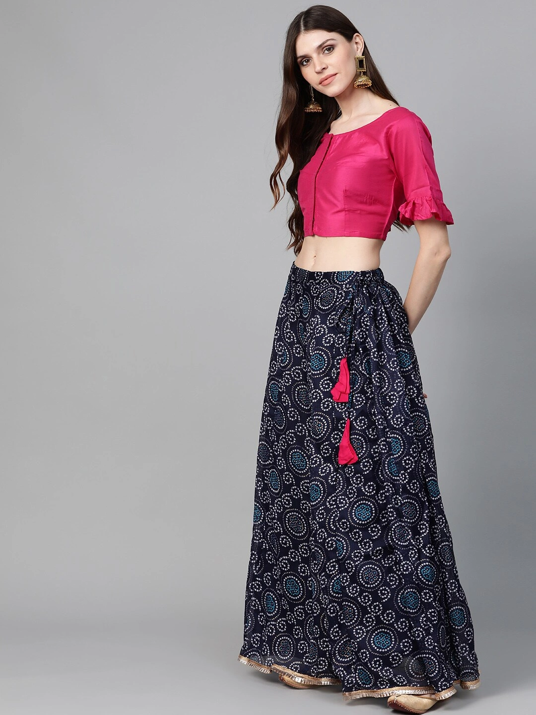 Bhama Couture Navy Blue &amp; Pink Bandhani Print Ready to Wear Lehenga with Blouse &amp; Dupatta-S-1