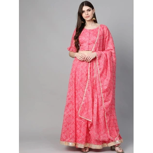 Bhama Couture Pink & White Bandhani Printed Ready to Wear Lehenga & Blouse with Dupatta