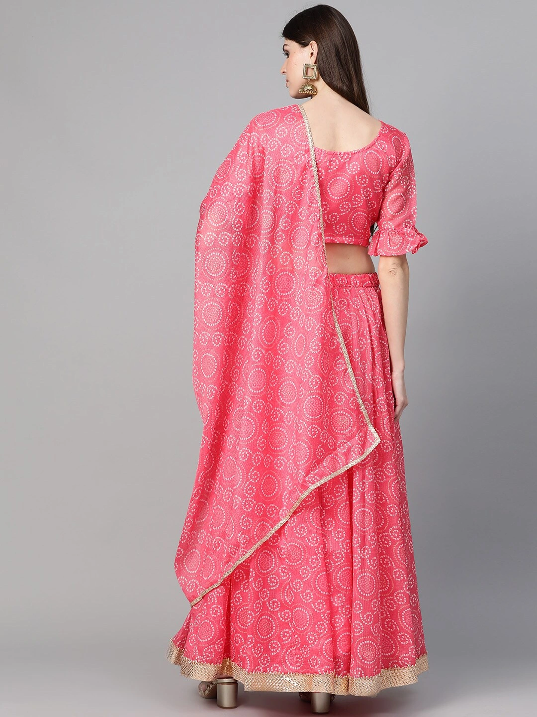 Bhama Couture Pink &amp; White Bandhani Printed Ready to Wear Lehenga &amp; Blouse with Dupatta-L-2