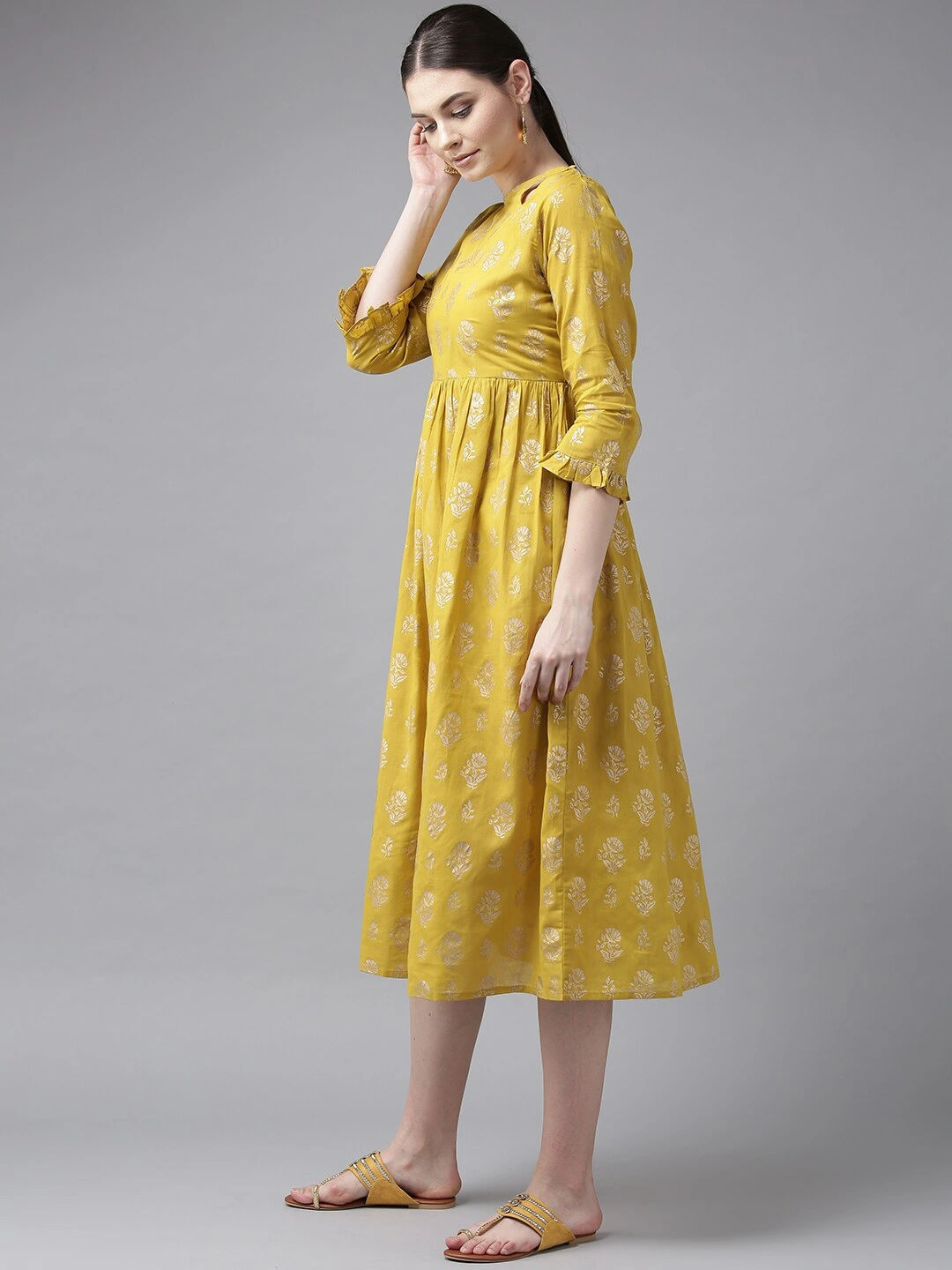 Bhama Couture Women Mustard Yellow &amp; Golden Printed A-Line Dress-M-2