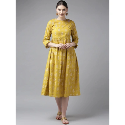 Bhama Couture Women Mustard Yellow & Golden Printed A-Line Dress