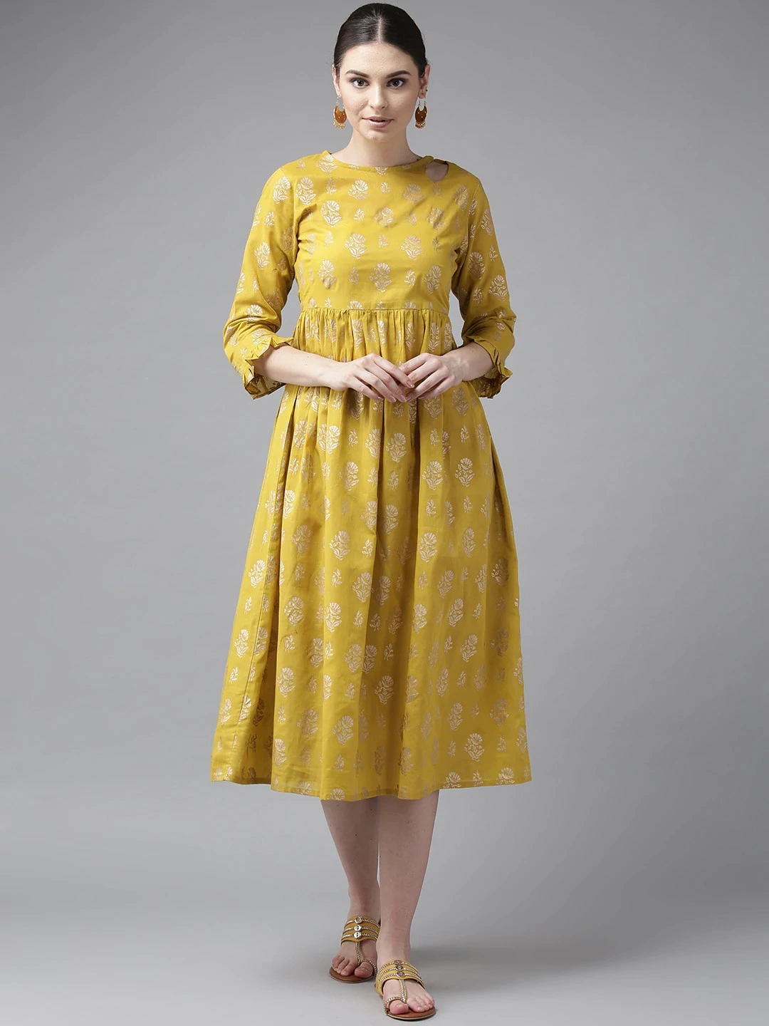 Bhama Couture Women Mustard Yellow &amp; Golden Printed A-Line Dress-AVK006_XL