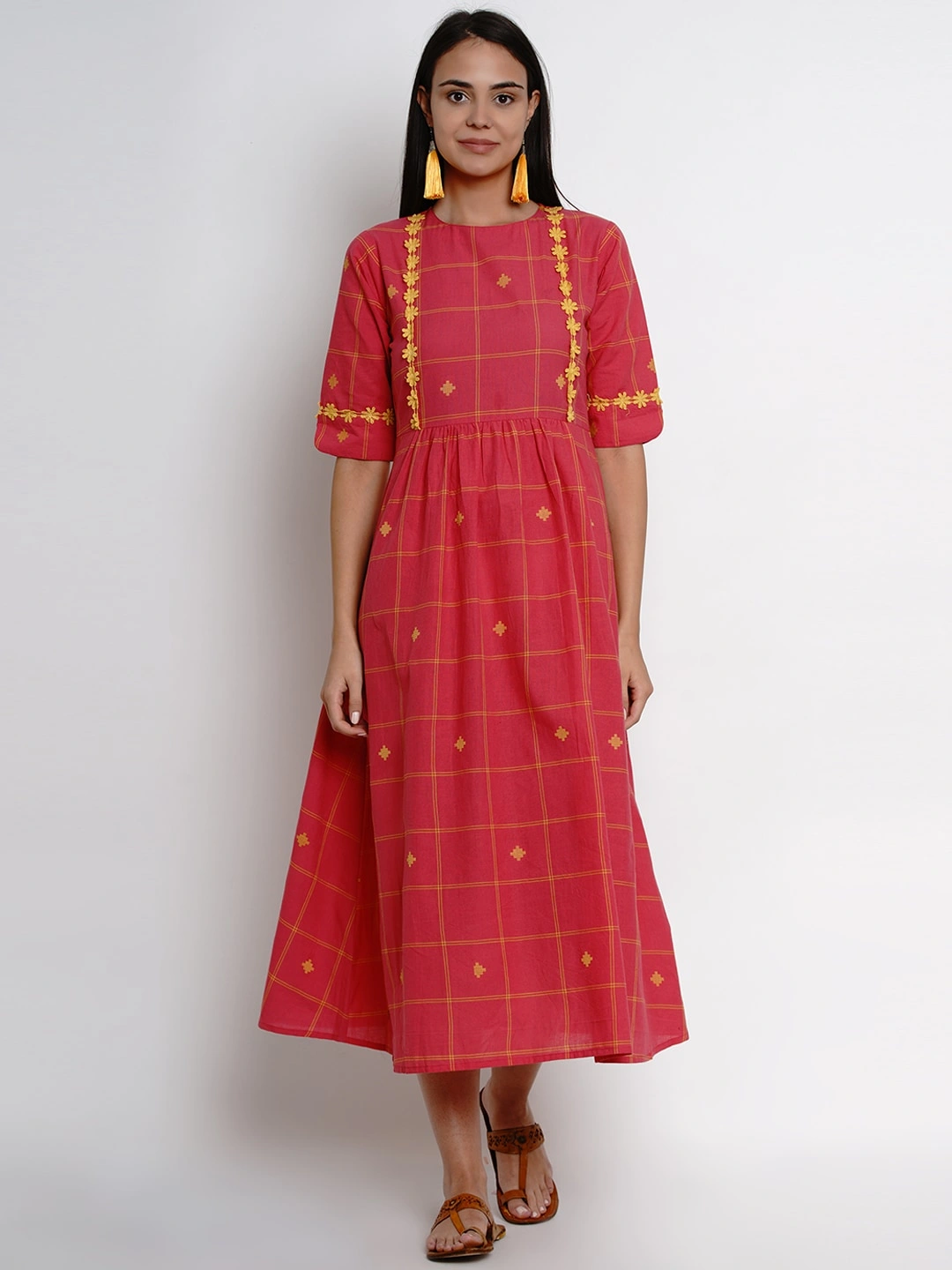 Bhama Couture Women Reddish Pink Checked Fit and Flare Dress-AVK014_L