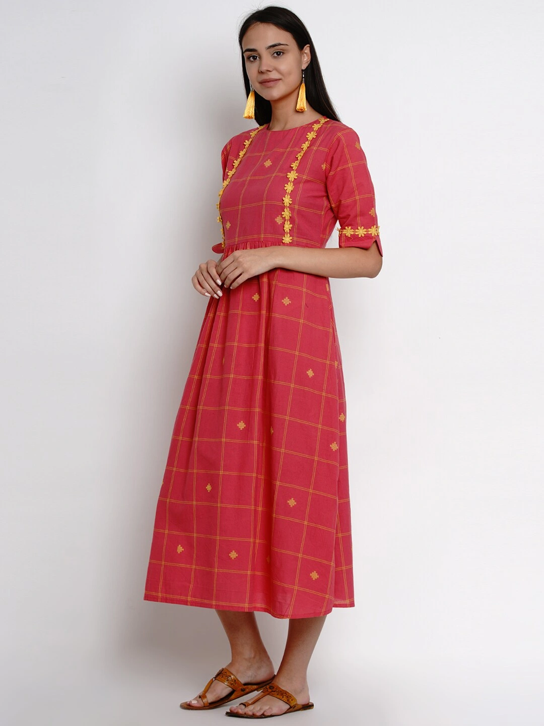 Bhama Couture Women Reddish Pink Checked Fit and Flare Dress-L-1