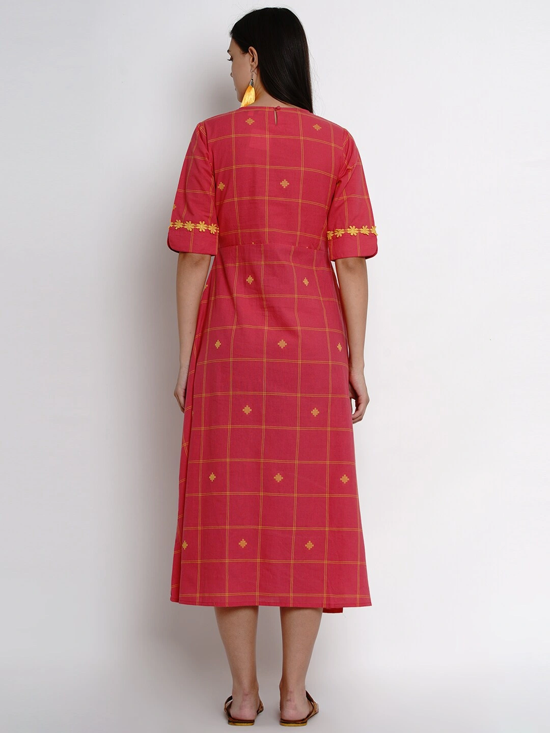 Bhama Couture Women Reddish Pink Checked Fit and Flare Dress-L-3