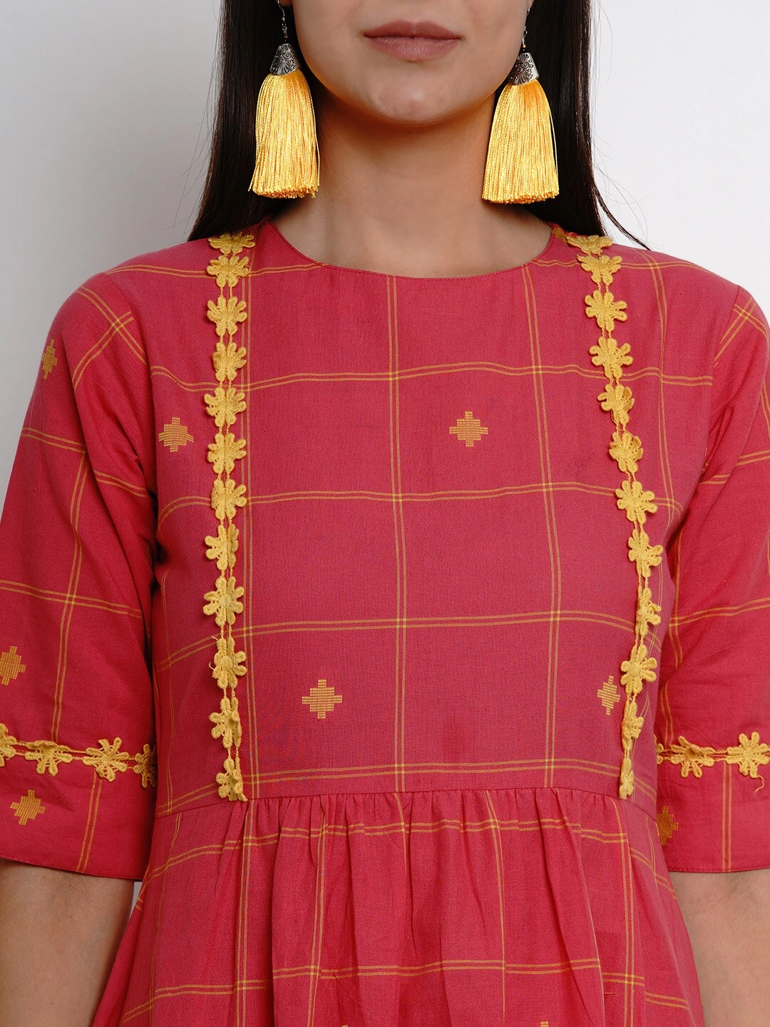 Bhama Couture Women Reddish Pink Checked Fit and Flare Dress-S-4