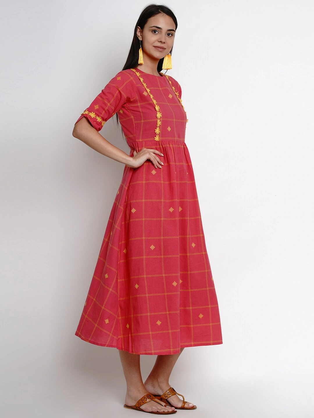 Bhama Couture Women Reddish Pink Checked Fit and Flare Dress-XL-2