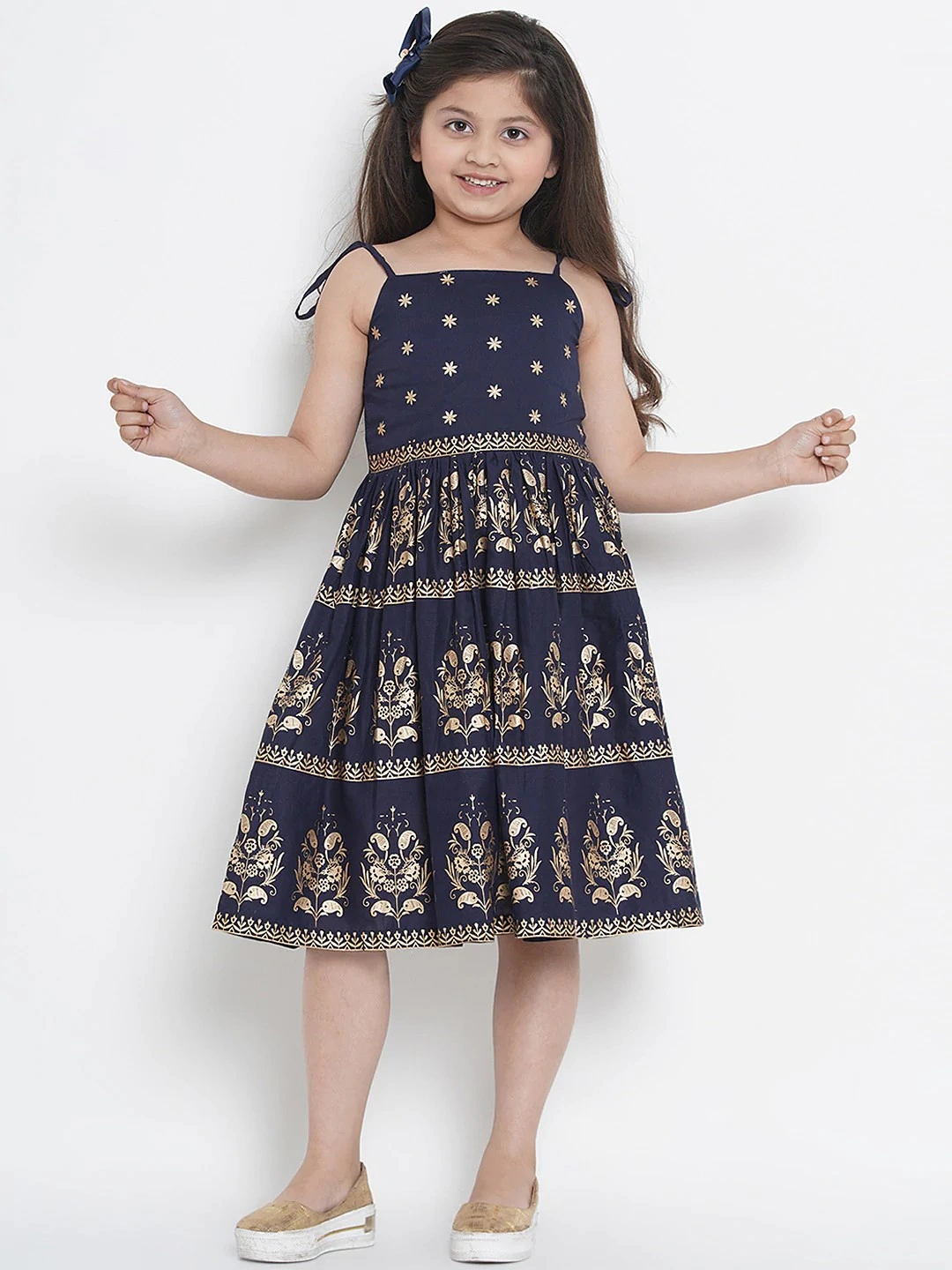 Bitiya by Bhama Girls Navy Blue Printed Fit and Flare Dress-BBB026_3-4Y