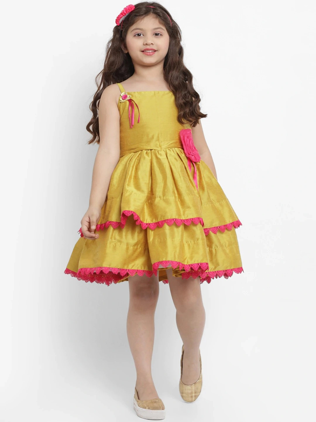 Bitiya by Bhama Girls Mustard Yellow Self Design Fit and Flare Dress-BBB027_3-4Y