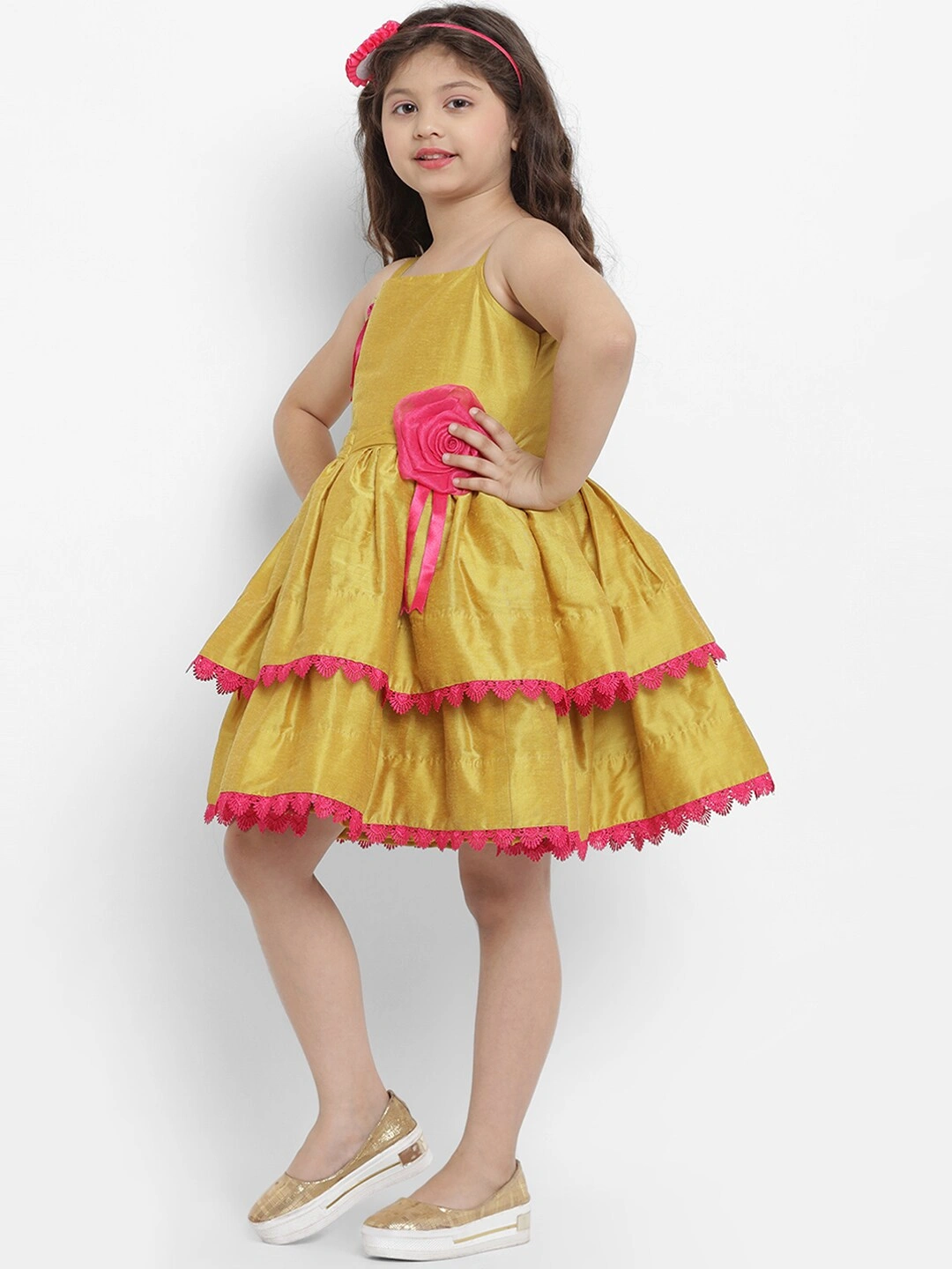 Bitiya by Bhama Girls Mustard Yellow Self Design Fit and Flare Dress-3-4Y-1