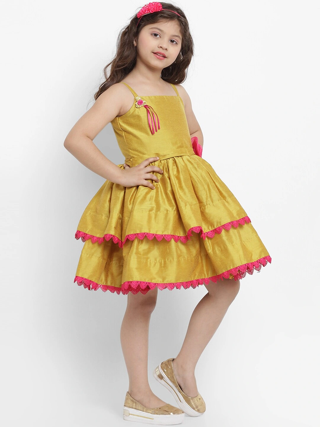 Bitiya by Bhama Girls Mustard Yellow Self Design Fit and Flare Dress-3-4Y-2