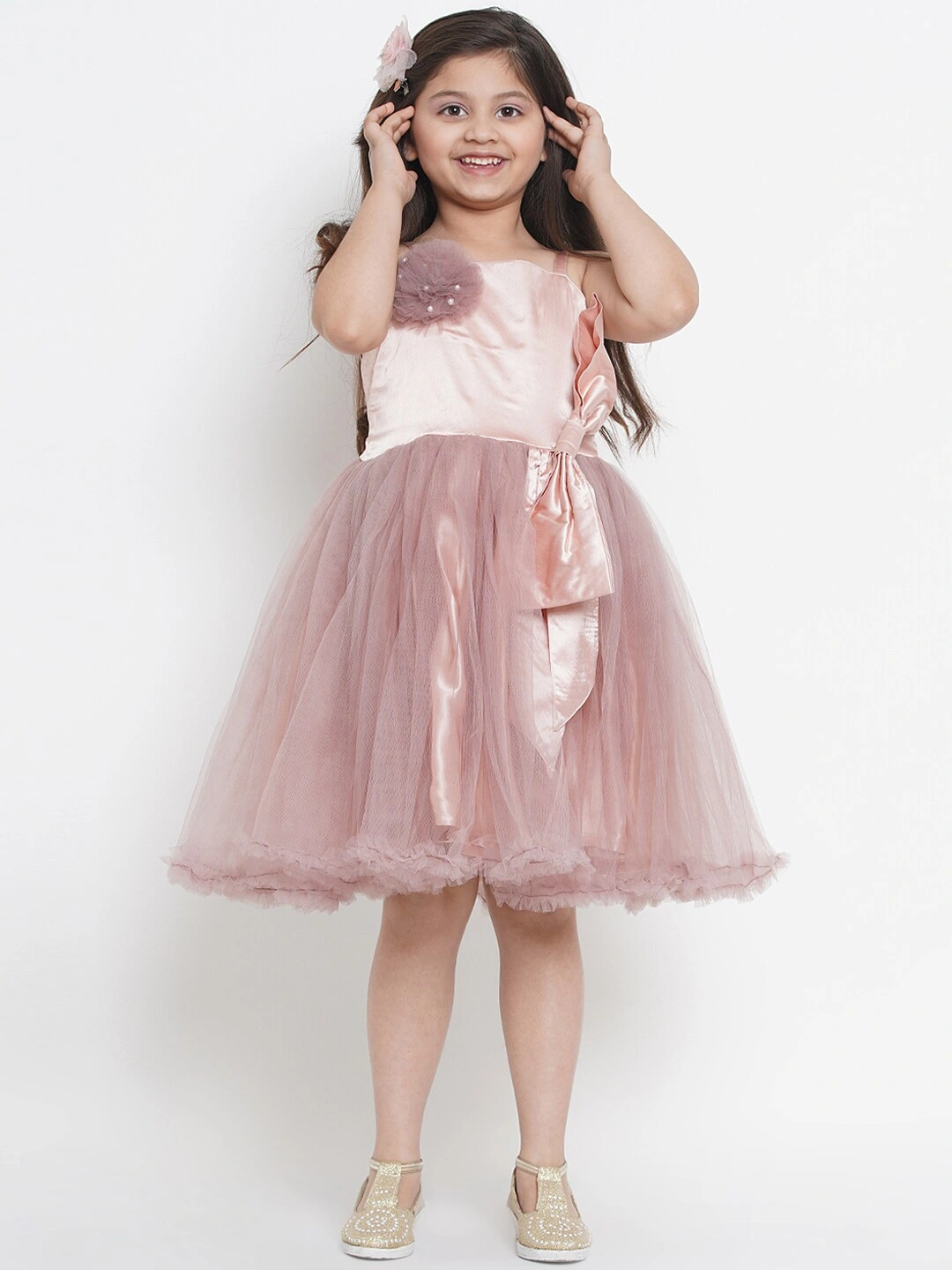 Bitiya by Bhama Girls Peach-Coloured Colourblocked Fit and Flare Dress-3-4Y-2