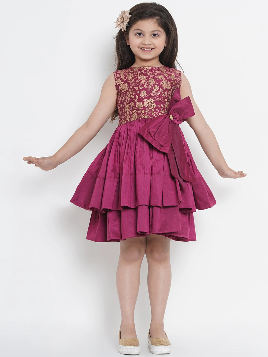 Bitiya by Bhama Girls Burgundy Printed Fit and Flare Dress-BBB038_3-4Y