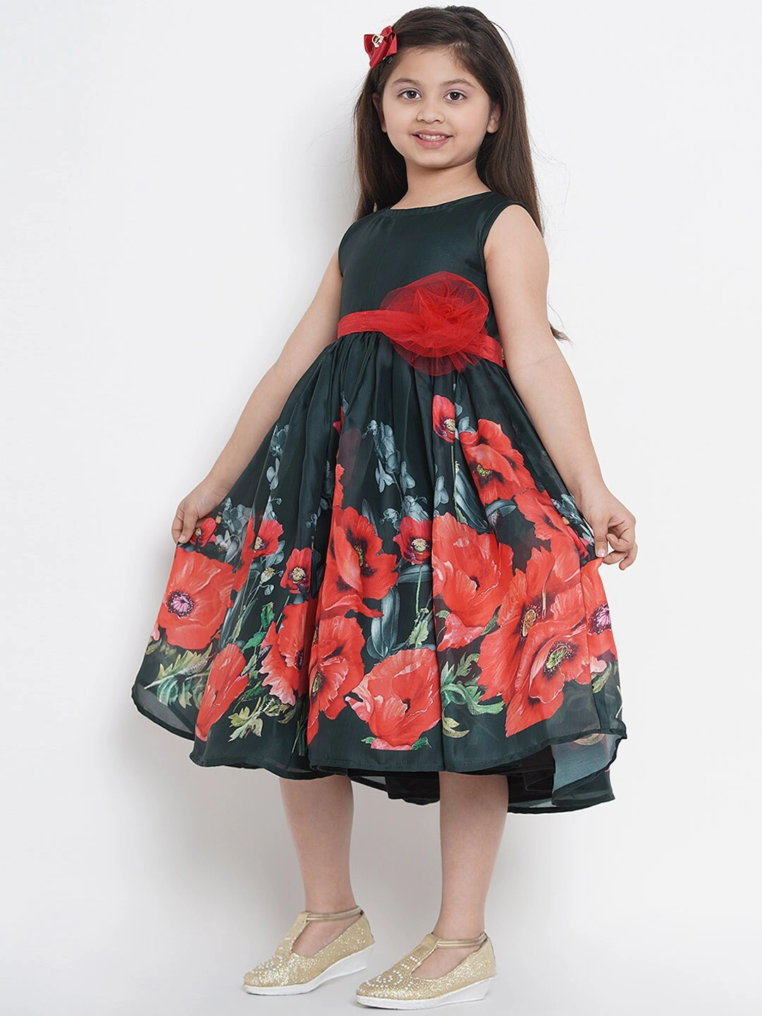 Bitiya by Bhama Girls Green Printed Fit and Flare Dress-5-6Y-1