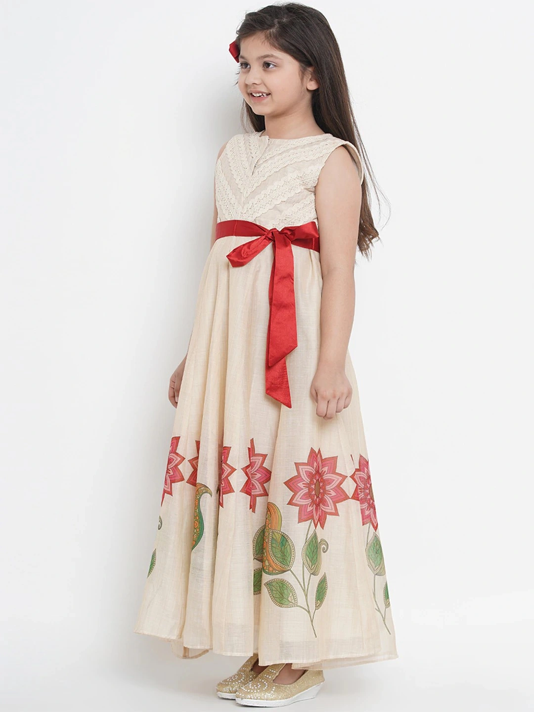 Bitiya by Bhama Girls Beige Printed Maxi Dress-8-9Y-2