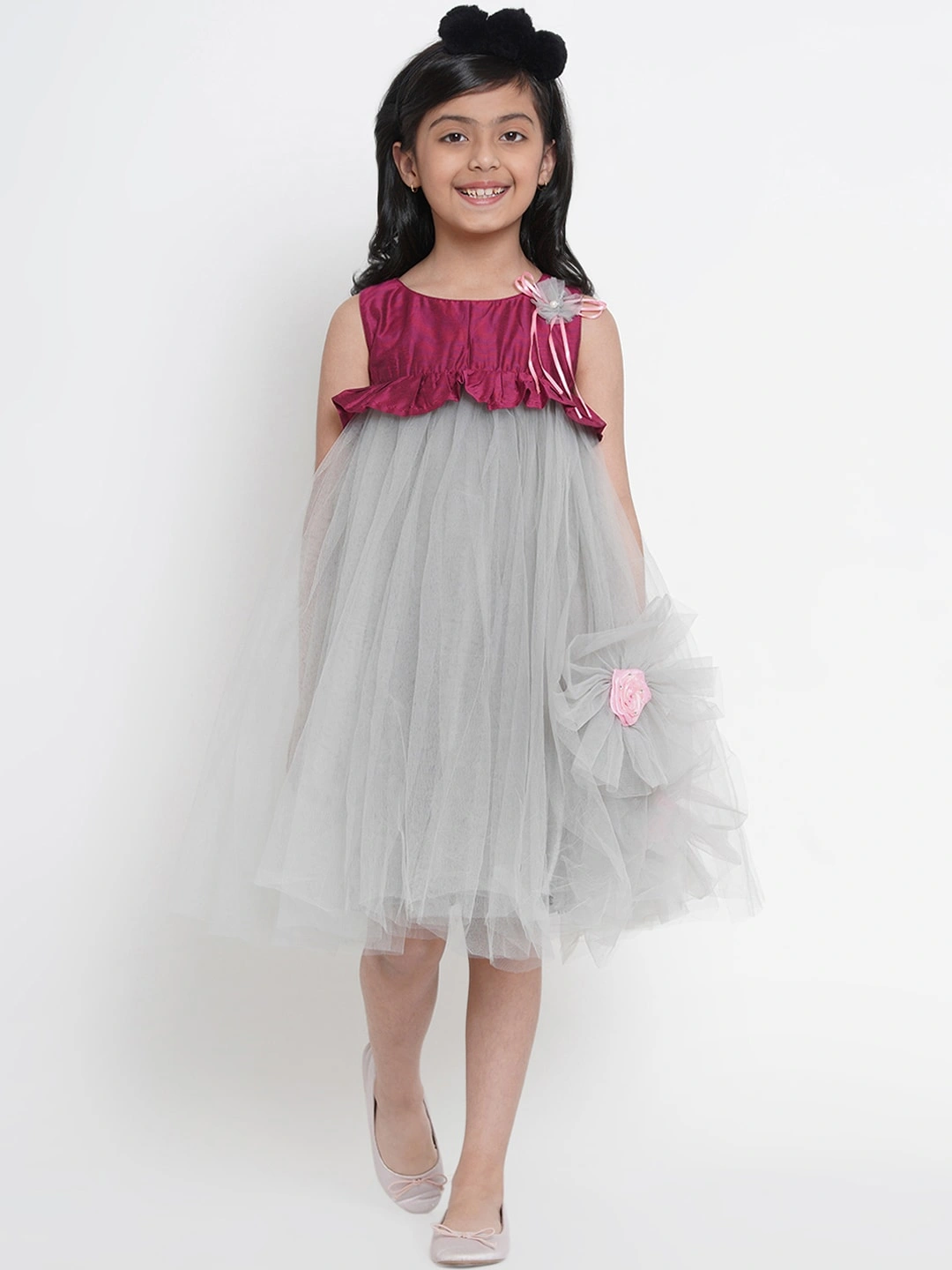 Bitiya by Bhama Girls Grey &amp; Purple Colourblocked Fit and Flare Dress-BBB048_3-4Y