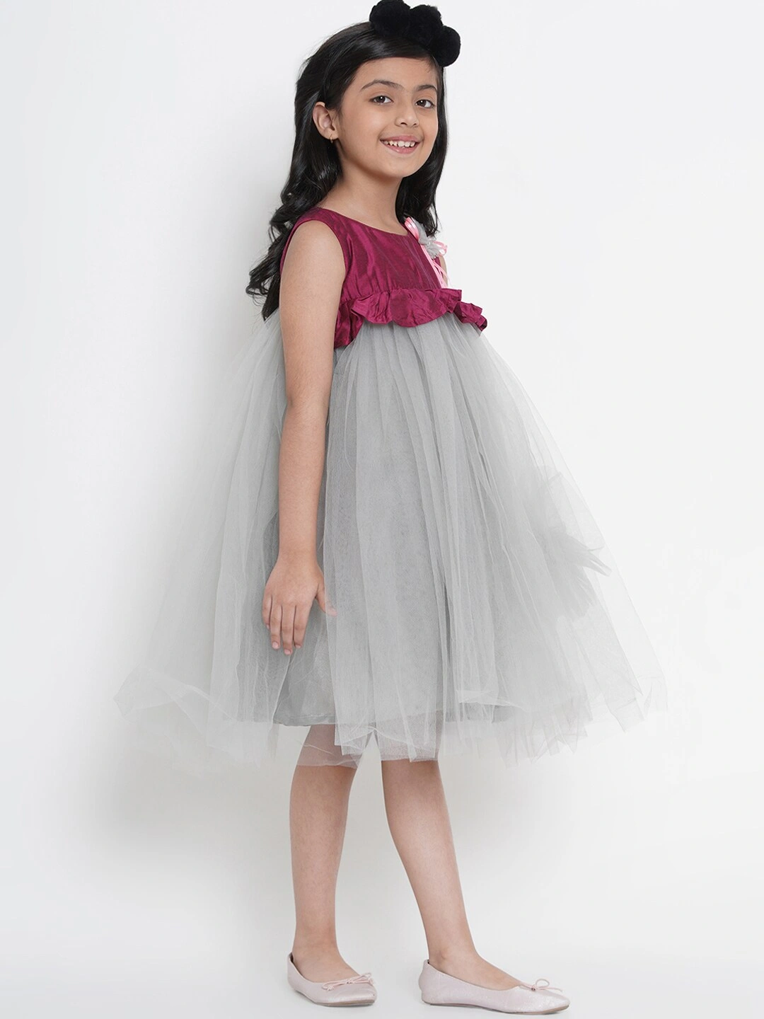 Bitiya by Bhama Girls Grey &amp; Purple Colourblocked Fit and Flare Dress-3-4Y-2