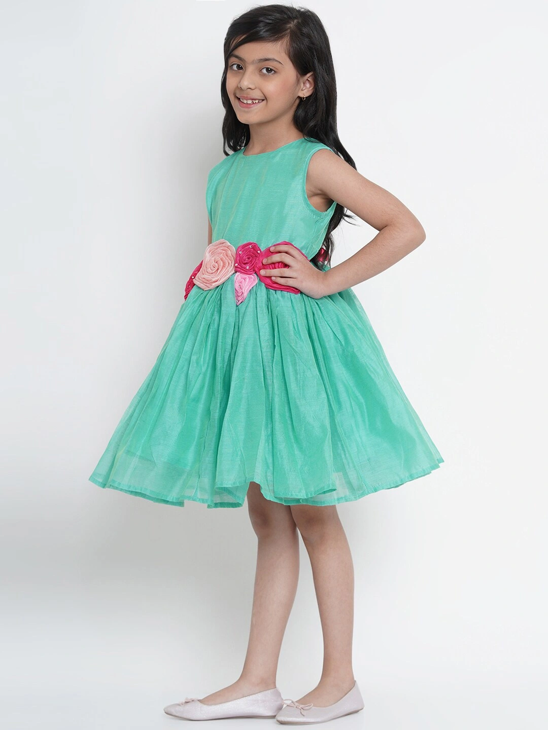 Bitiya by Bhama Girls Sea Green Embellished Fit and Flare Dress-3-4Y-1