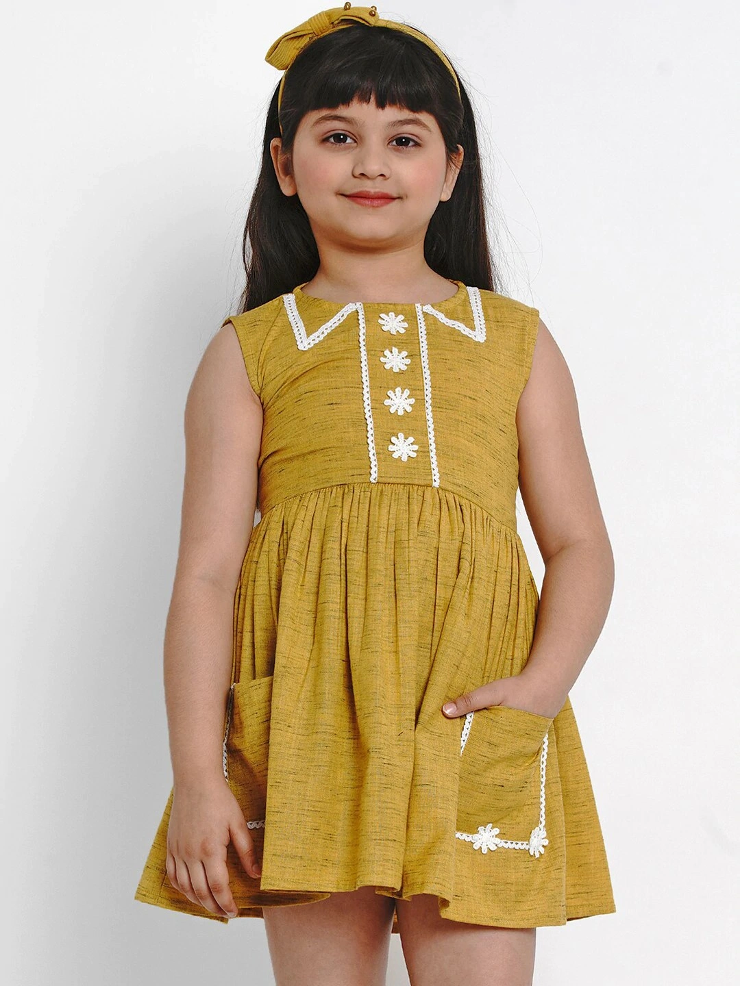 Bitiya by Bhama Girls Mustard Yellow Solid Fit and Flare Dress-BBB053_3-4Y