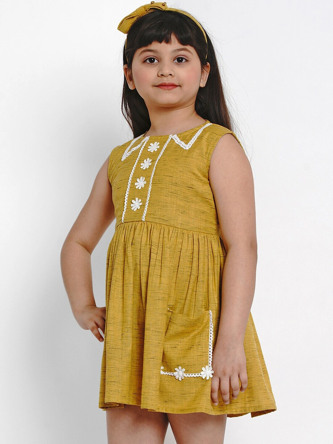 Bitiya by Bhama Girls Mustard Yellow Solid Fit and Flare Dress-3-4Y-1