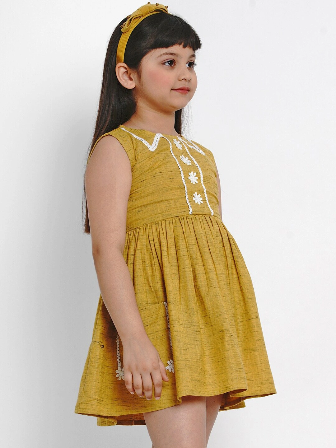 Bitiya by Bhama Girls Mustard Yellow Solid Fit and Flare Dress-3-4Y-2