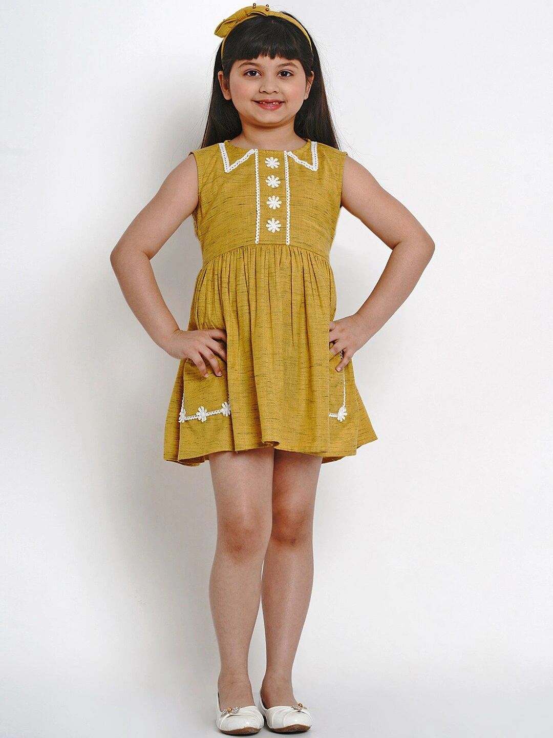 Bitiya by Bhama Girls Mustard Yellow Solid Fit and Flare Dress-3-4Y-4