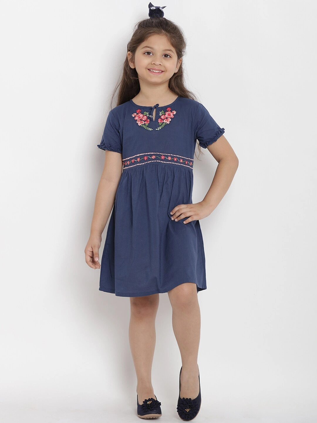 Bitiya by Bhama Girls Blue &amp; Pink Floral A-Line Dress-3-4Y-3